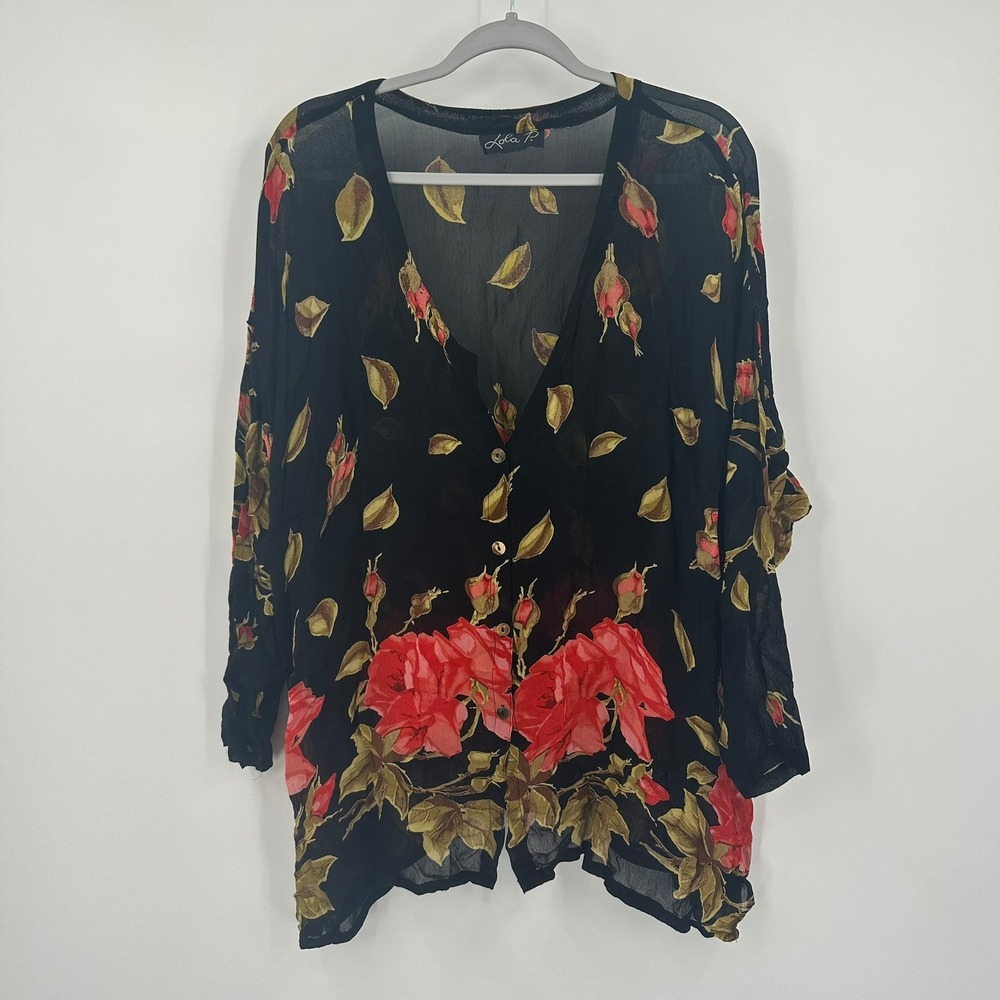 Womens Dark Floral Sheer Top Size XL Oversized Boho Chic Flowy Bold Eclectic